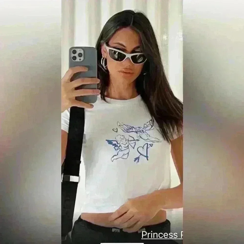 Princess Polly White Crop Top with Blue Graphic